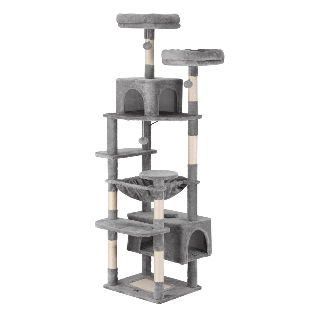 Gray cat tree with multiple levels and perches on a white background