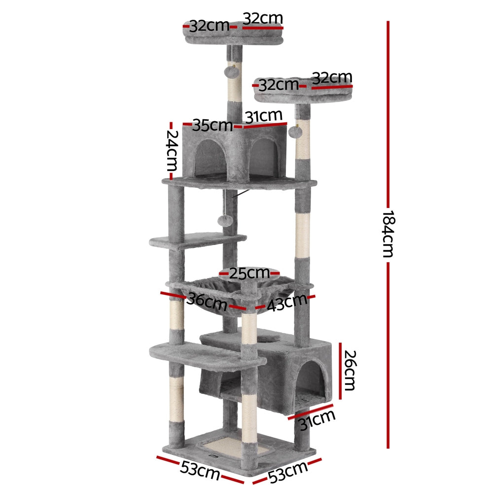Gray cat tree with dimensions marked on a white background