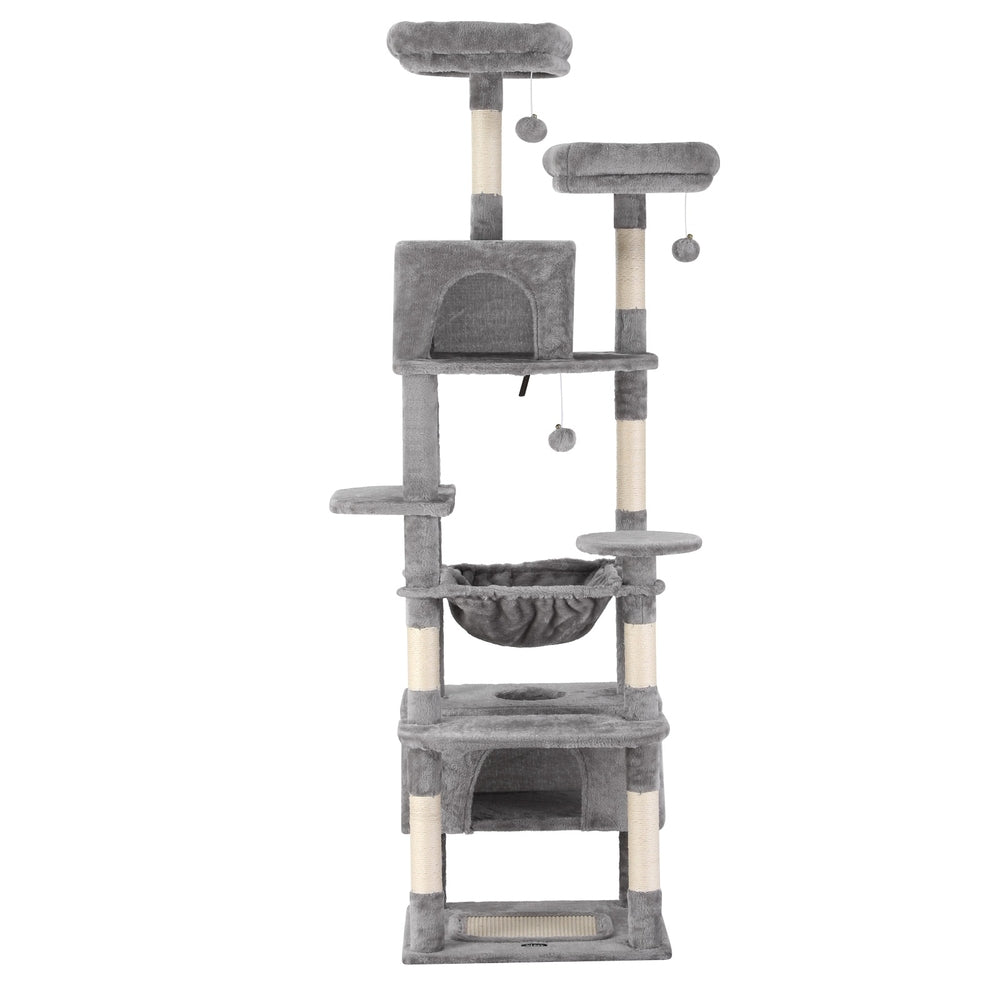 Gray cat tree with multiple levels and a basket on a white background