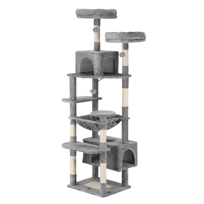 Gray cat tree with multiple levels and perches on a white background
