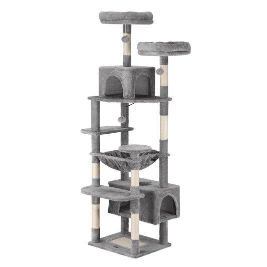 Gray cat tree with multiple levels and perches on a white background
