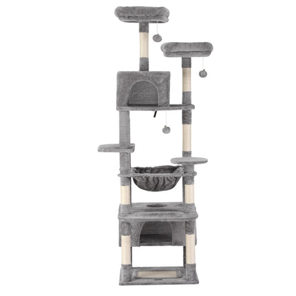 Gray cat tree with multiple levels and a basket on a white background